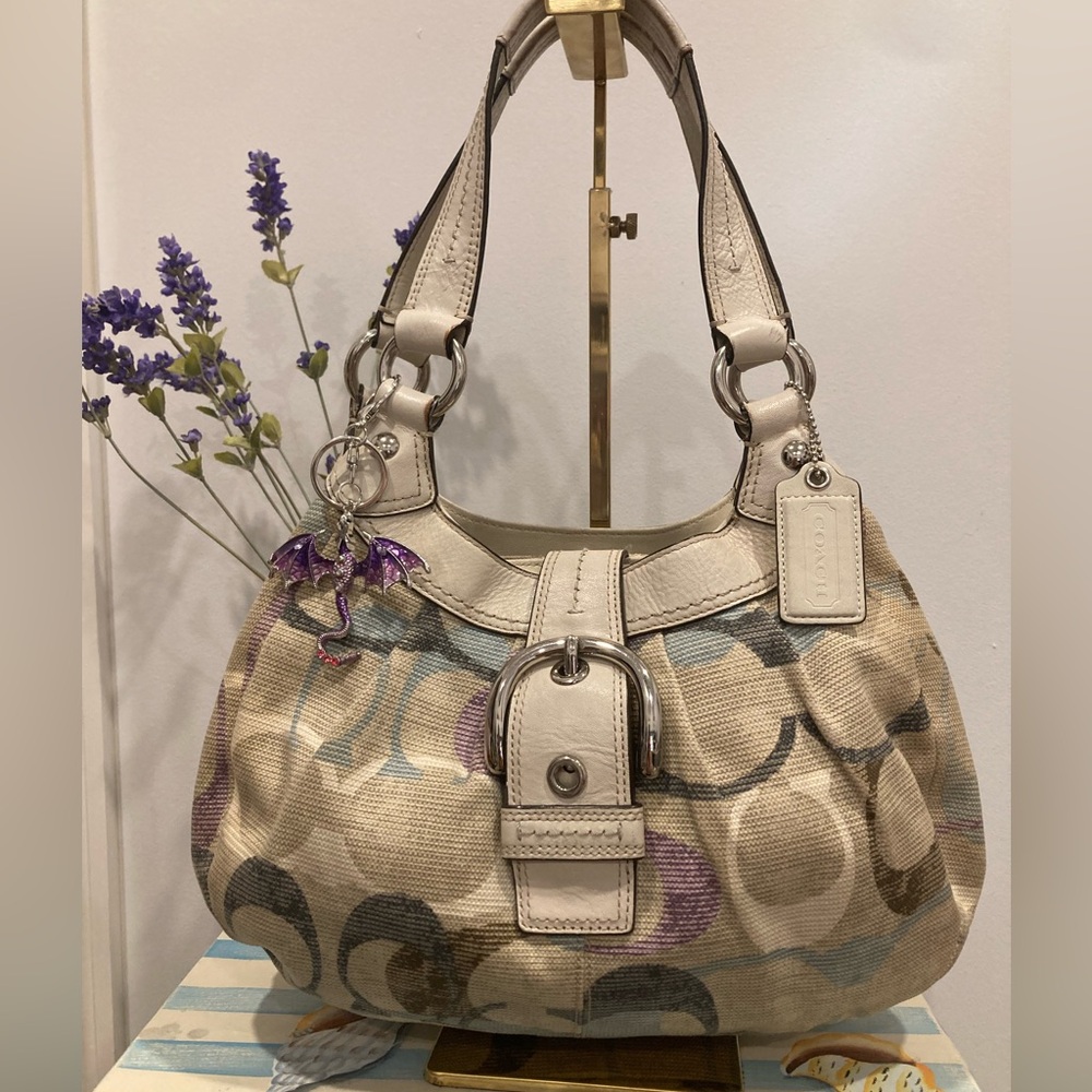Coach Shoulder Bag in Beige with Purple and Blue Accents